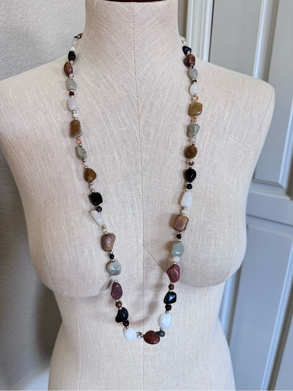 Bohemian Artisan Tumbled Gemstones w/ Accent Beads Long Necklace